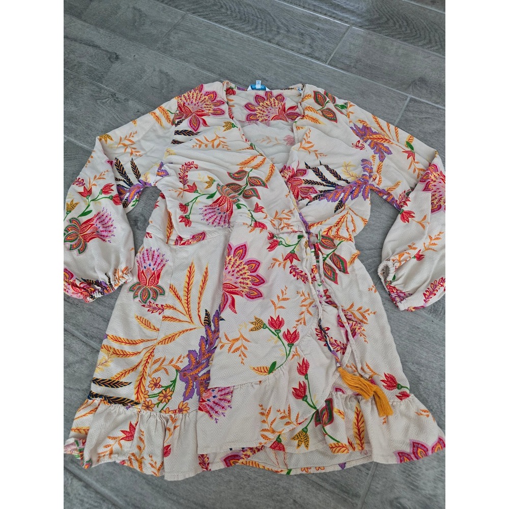 Blue Island Women Floral Wrap Dress Cream Orange Ruffle Tassel Boho Large Swim